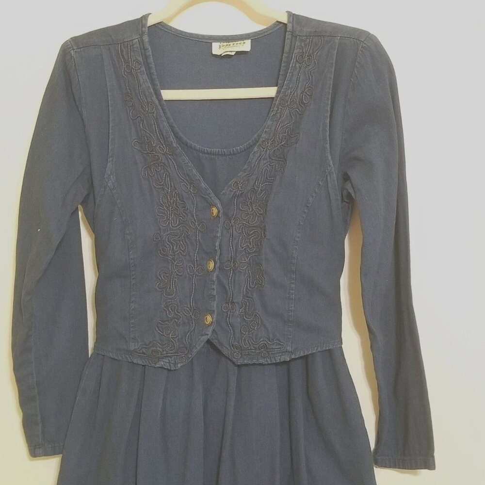 Pado Vtg 80s Womens Dress S Denim Tie Back Vest Long USA Cotton Long Sleeve - Picture 3 of 10